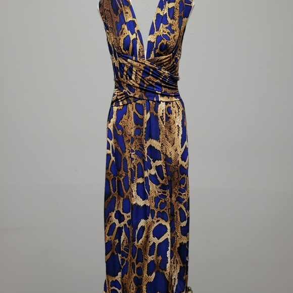 Venus blue reptile combo plunging grecian maxi dress size small - Picture 2 of 9